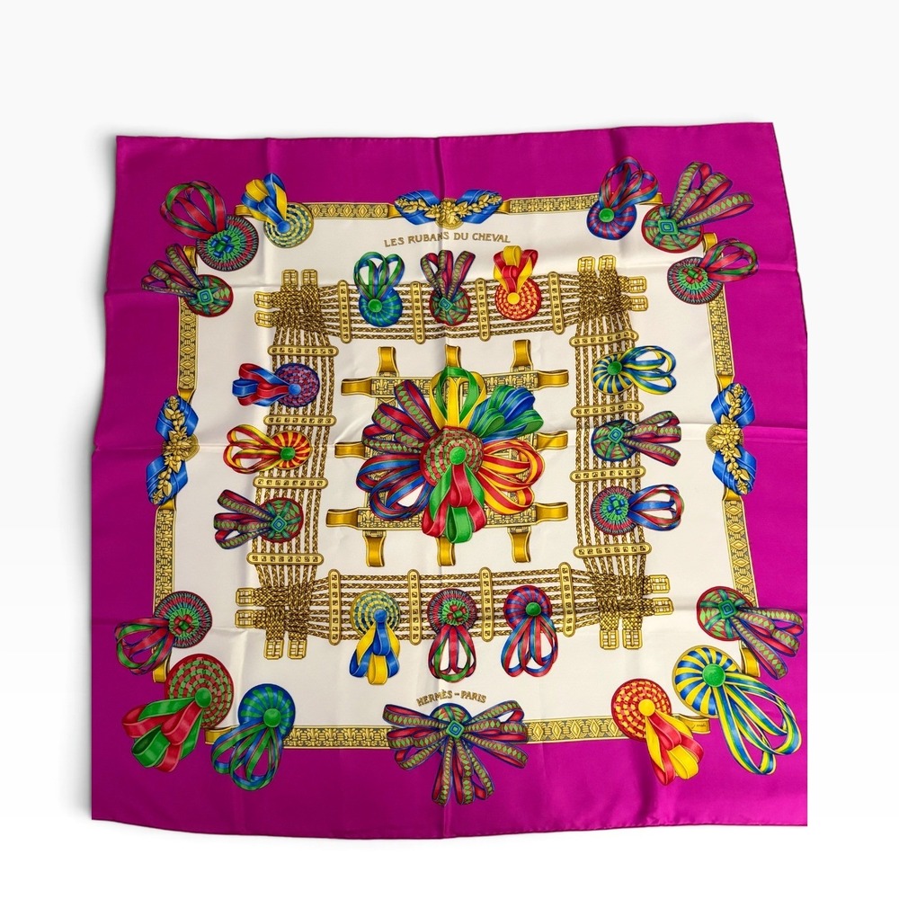 Hermès Les Rubans du Cheval Carré 90 Silk Scarf Joachim Metz Fuchsia